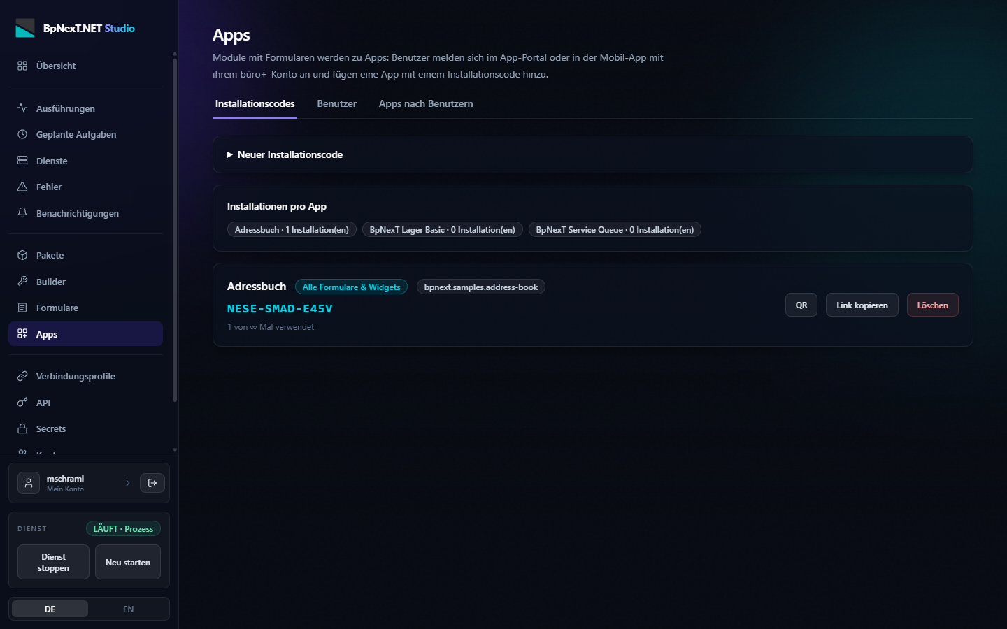 Seite Apps mit einem Installationscode