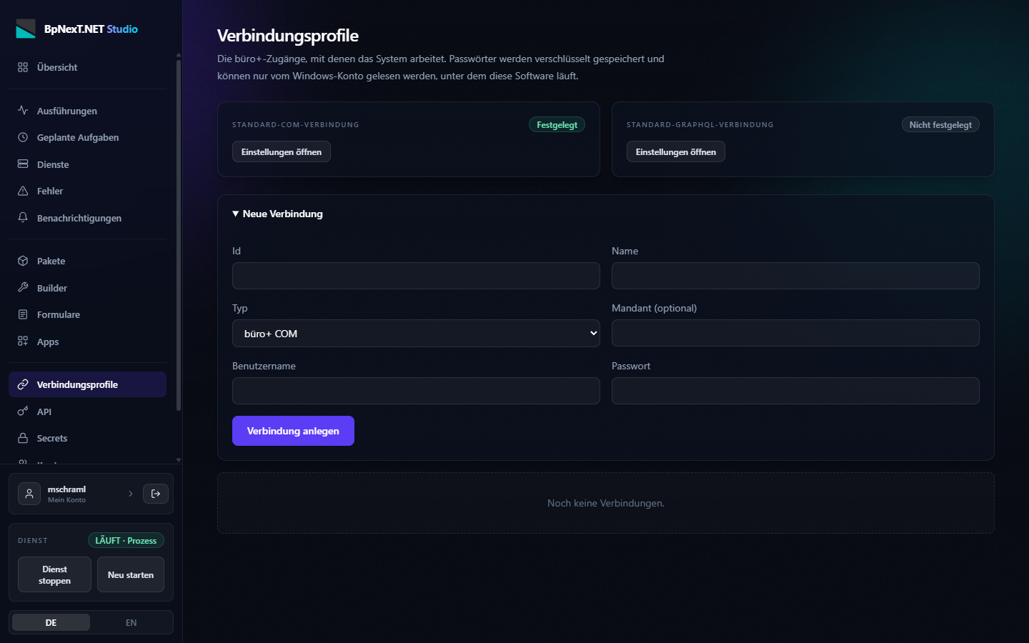 Seite Verbindungsprofile mit dem Formular für eine neue Verbindung