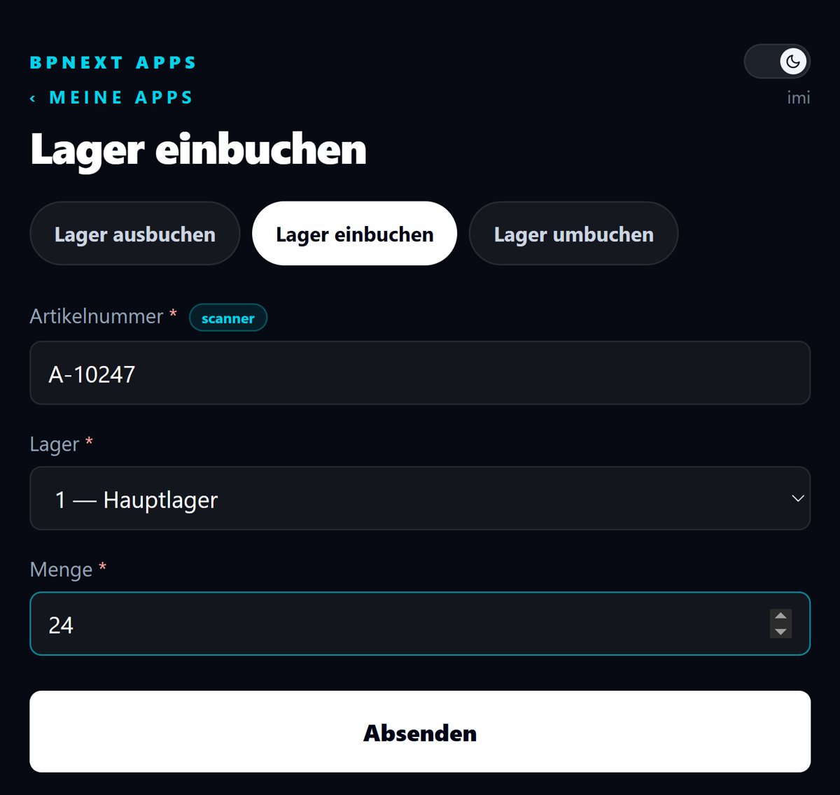 Formular Lager einbuchen im App-Portal